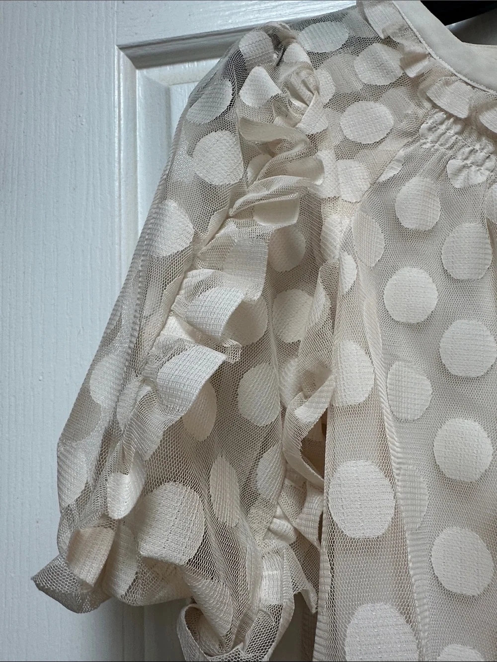 Anthropologie Cream Polka Dot Ruffle Puff Sleeve Blouse